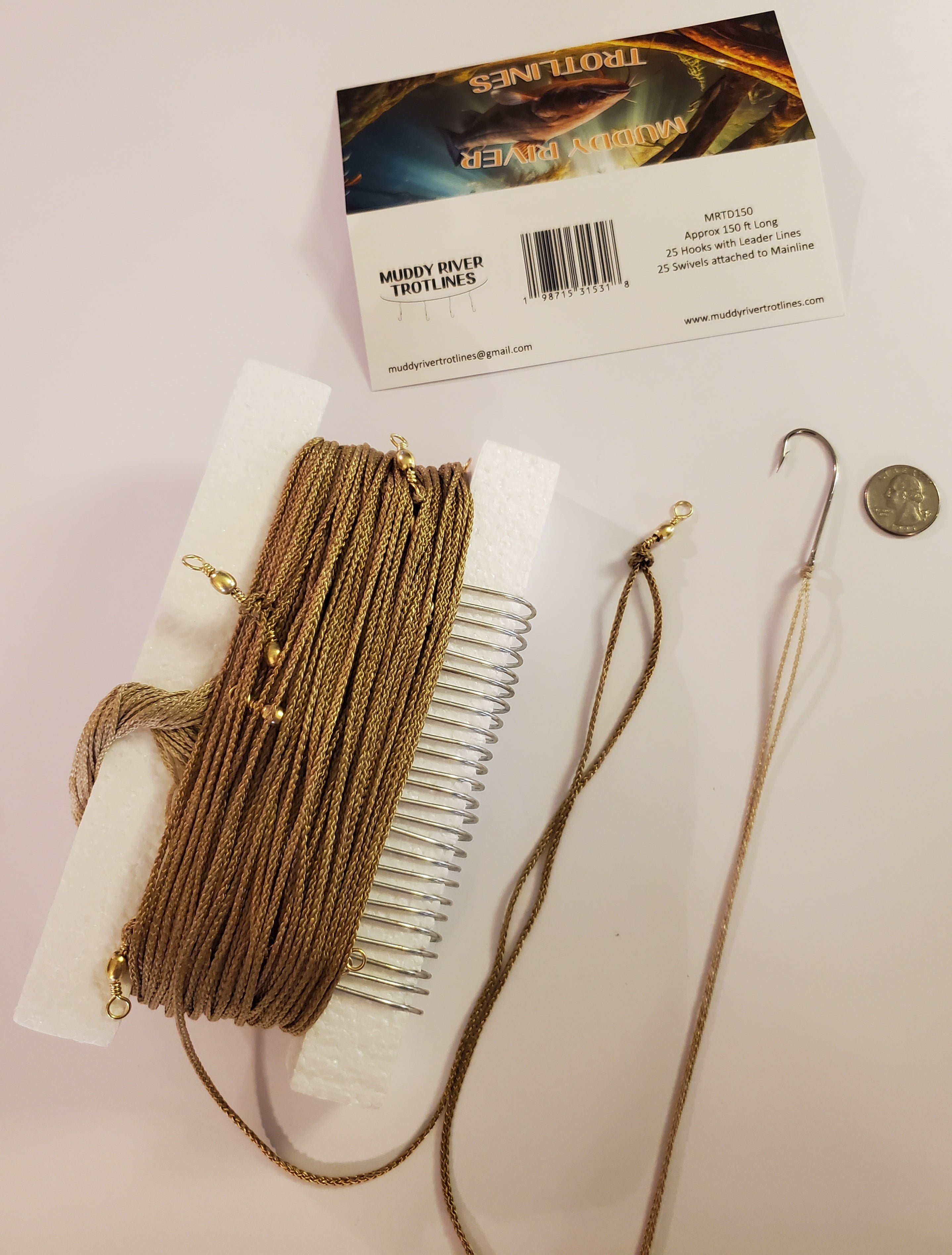 Muddy River Trotline. Complete trotline kit Including Mainline prerigged with swivels, Leader Lines and Hooks., 150 feet