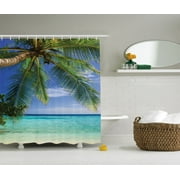 Tropical Shower Curtains - Ocean Decor Shower Curtain Set, Tropical Paradise At Maldives With Palms  And Sky, Bathroom