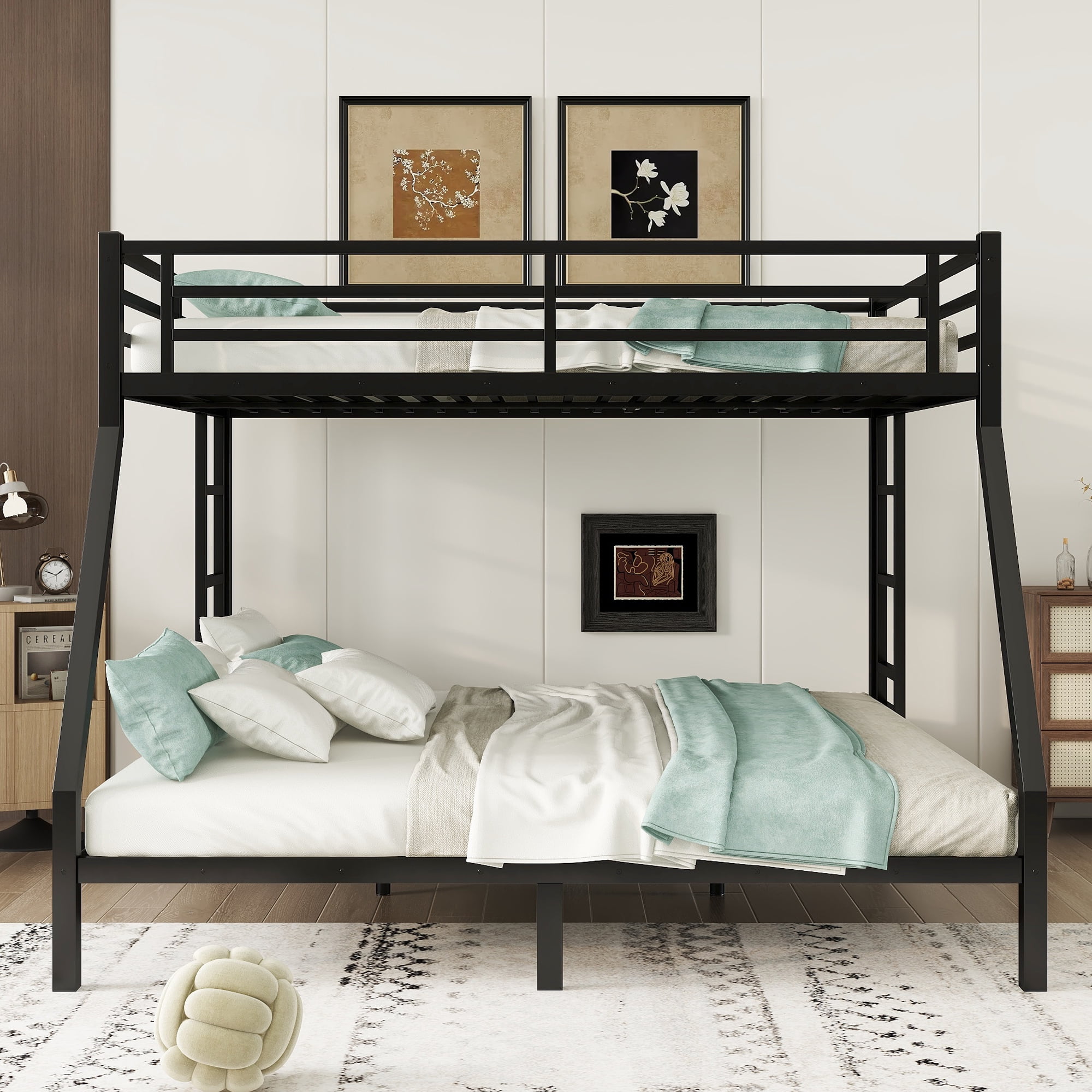 Queen over King Bunk Bed with High Guardrail & Under-Bed Storage, Heavy Duty Metal Bunk Beds Frame with 2 Side Ladders, Queen over King Bunk Bed for Adults, No Box Spring Needed