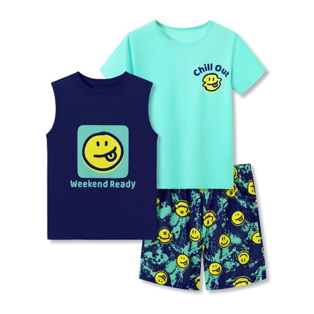 Beezizac Boys Summer Pajama Set 3-Piece Smiling Face PJs&zwnj; - Short Sleeves Tank Top & Shorts Soft Sleepwear Size 12
