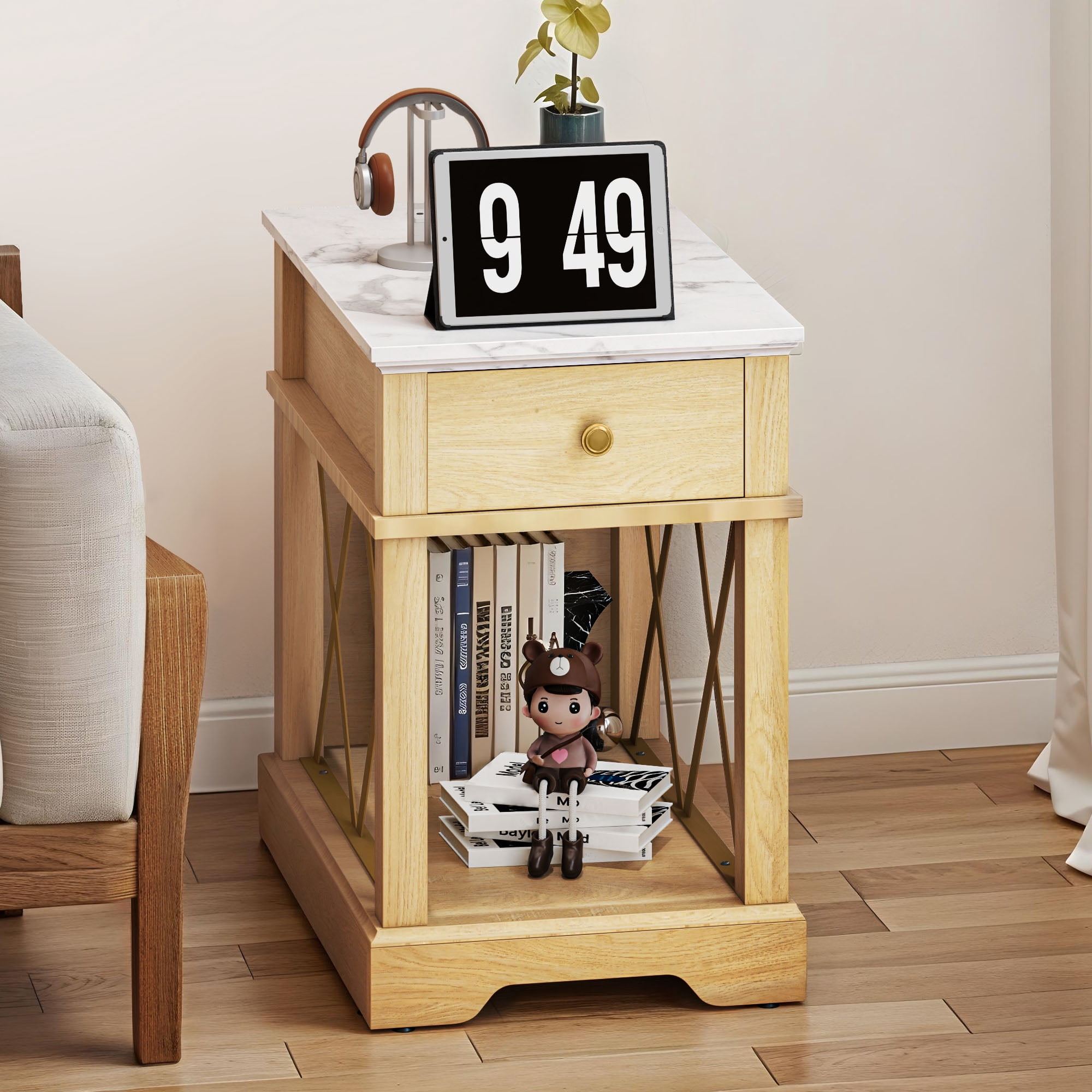 Uforic End Table with Charging Station for Living Room, Nightstand Side Table with Drawer, Natural