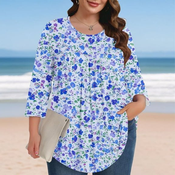 Shirts for Women 3/4 Sleeve Round Neck Gradient Plus Size Solid Color T-shirt Home Casual Top Light Blue XXXL