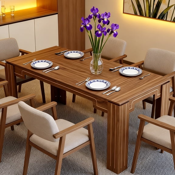 71" Walnut Spliced Tabletop Dining Table,  Modern Luxury Home Kitchen Table with Grooved Legs, Suitable for 6-8 People