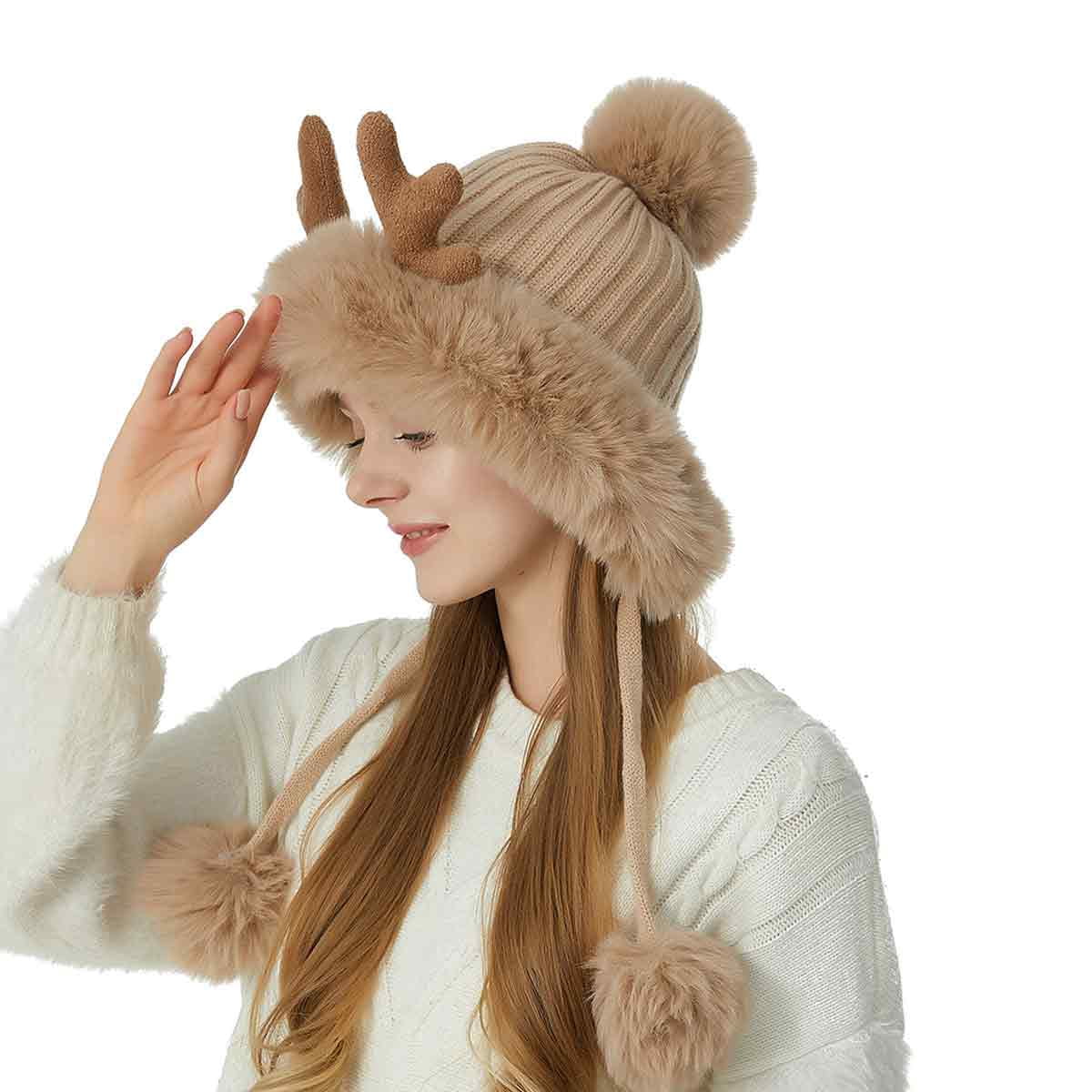 White knit hat with fur poms & reindeer antlers Coco White Rib Knit Beanie Hat with Finn Raccoon Pom Pom  main image 2