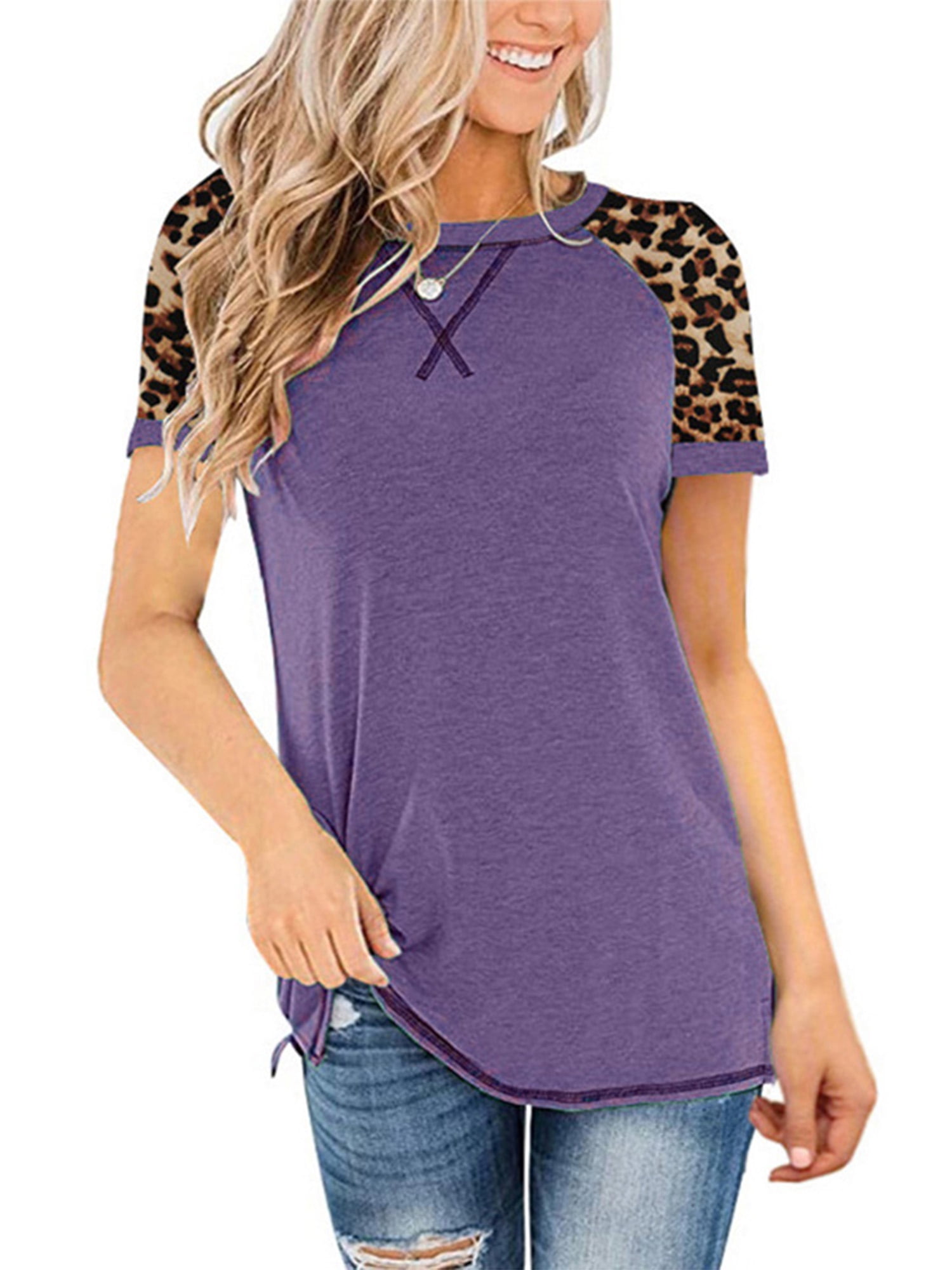 3/4 Sleeve Shirts for Women Crewneck Loose Pullover Leopard Print Tops Comfy Soft Summer Blouses Casual Print Tops