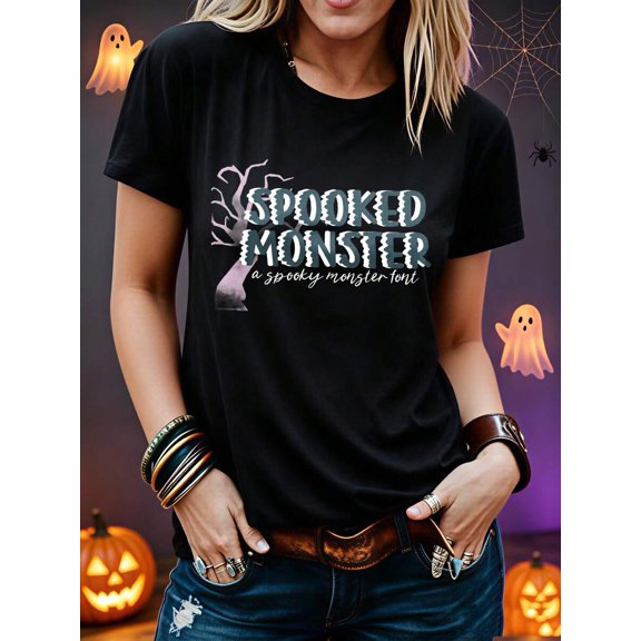 Women's T‑Shirt, Halloween Costume, Casual Gothic Style, Spooked Monster Text Design, Party Wear