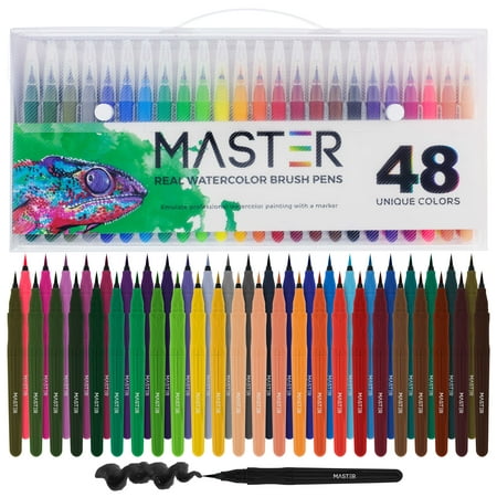 48 Color Master Markers Watercolor Soft Flexible Brush Tip Pens Set - Fine & Broad Lines, Vibrant Colors Adult