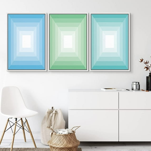 PixonSign Framed Canvas Print Wall Art Set Blue & Green 3D Square Illusions Geometric Shapes Modern Art Alternative Colorful Multicolor Neon for Living Room, Bedroom, Office - 16"x24"x3 White