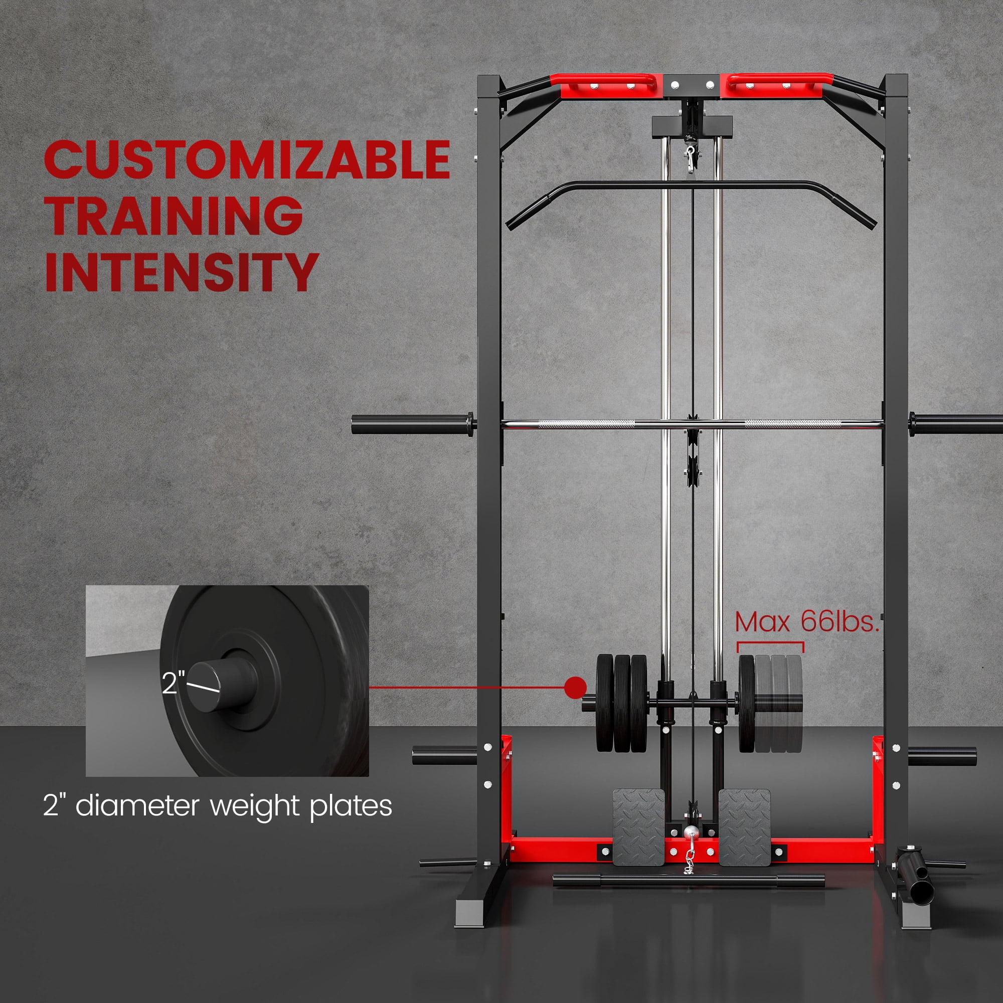 Soozier Multi-Function Smith Machine Power Rack with Pull Up Bar, Lat Pull Down System, Landmine, Squat Rack, Barbell Bar, for Home Gym