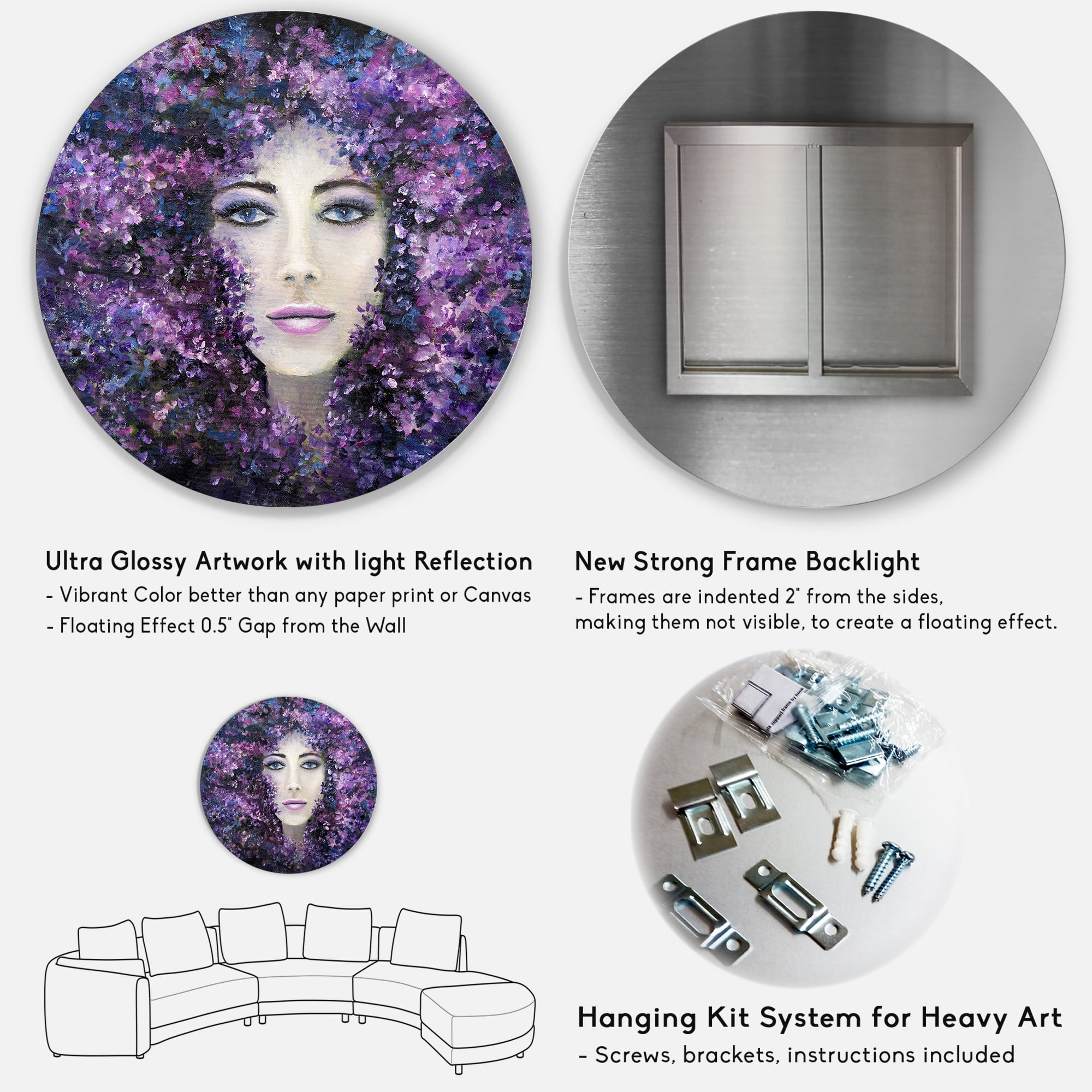 Designart 'Portrait of A Lady With Purple Lavender Flowers' Modern Circle Metal Wall Art 11x11 - Disc of 11