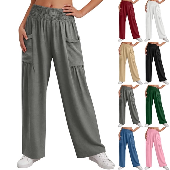 Favoffer Women Elastic Waist Long Pants Solid Color Ruched Casual Pants Breathable Relaxed Fit Bottoms Fold Hem Pants with Side Pockets for Daily Lounge