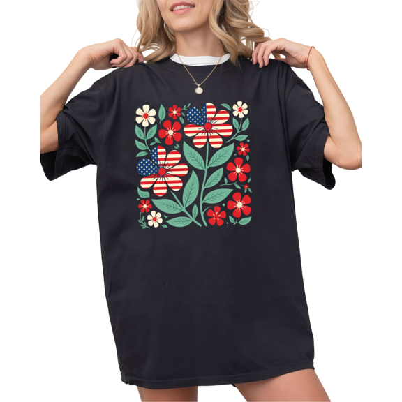 UNISHE Women's USA Flag Floral Patriotic Graphic Short Sleeve T-Shirt Black S-5XL Casual Crewneck Top