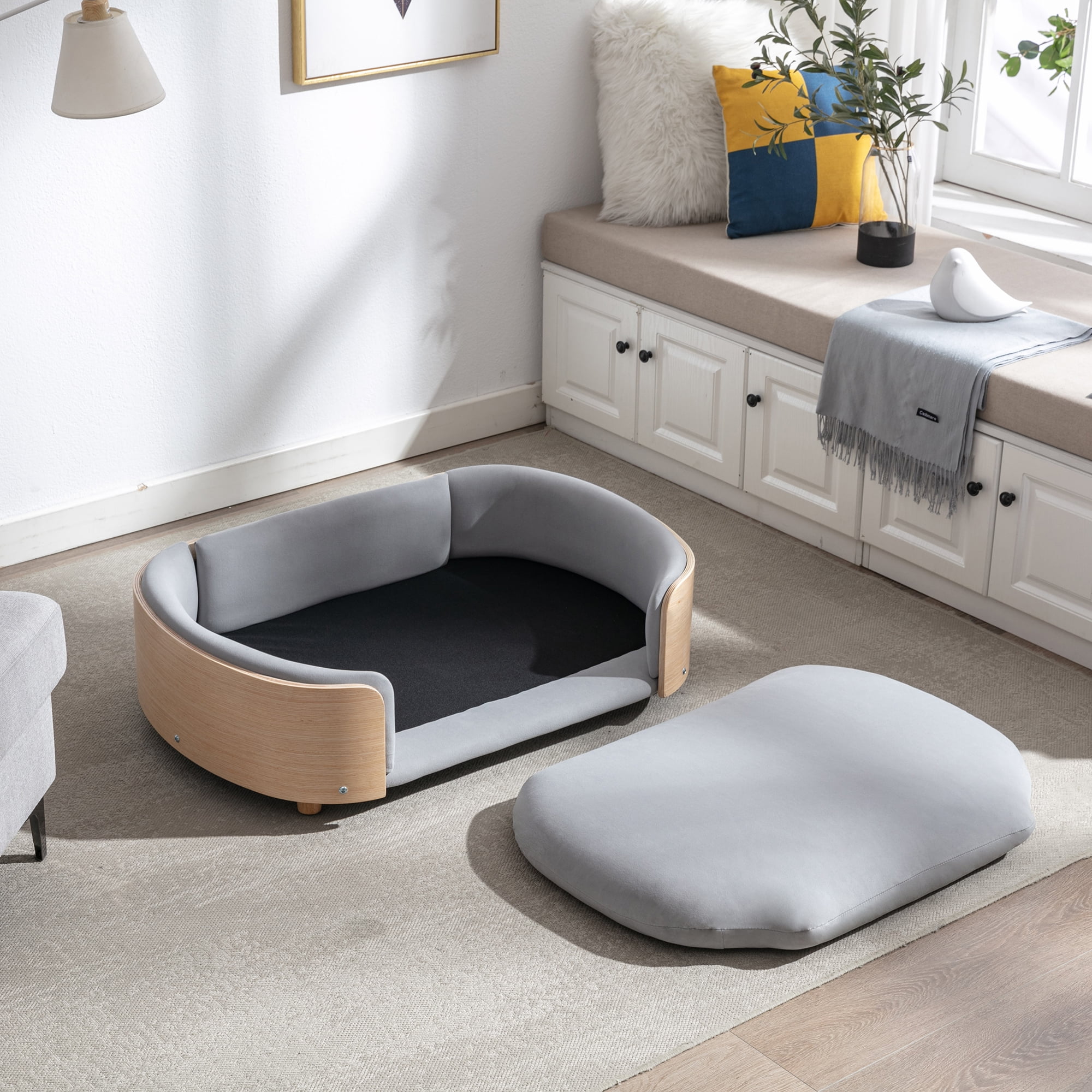 Pefilos 38" Elevated Dog Bed Pet Sofa with Solid Wood Legs and Bent Back, Cat Sofa Bed Velvet Cushion Couch Furniture, Gray