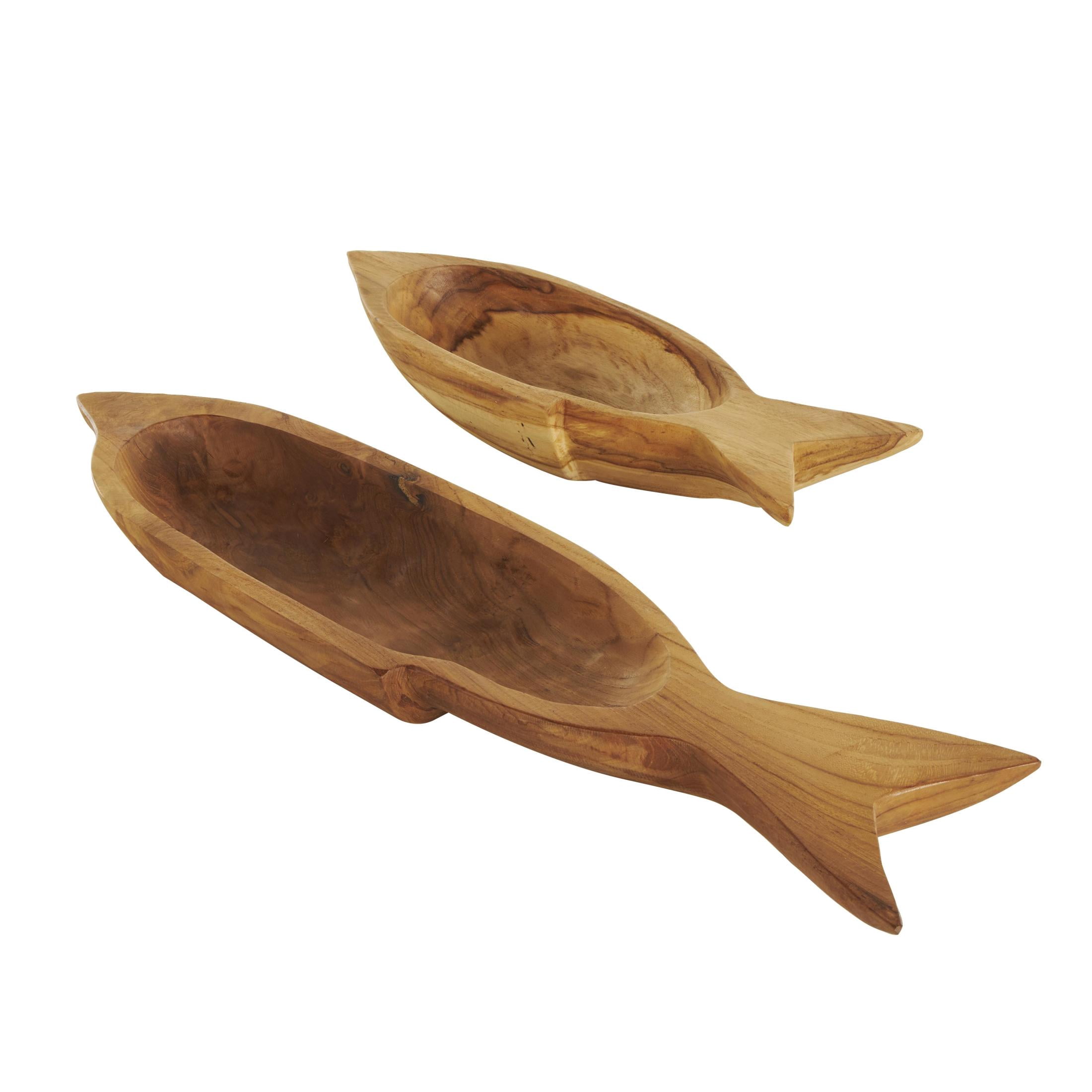 DecMode 23", 5"W Brown Teak Wood Handmade Carved Fish Tray, 2-Pieces