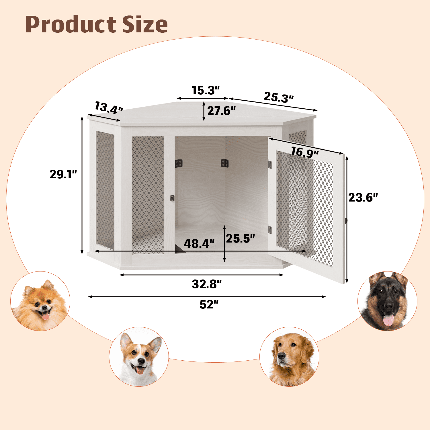 Bossin 44"Corner Dog Crate Furniture，Wooden Dog Kennel Indoor Furniture，Decorative Dog Crate, Dog Kennel TV Stand End Table for Small to Large Dogs