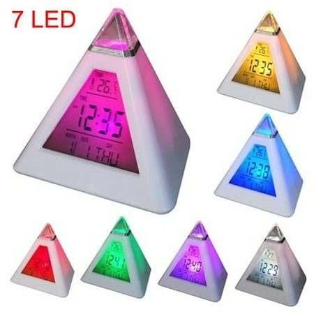 Christmas Alarm Tone Digital Alarm Clock, Pyramid Digital Alarm Clock with Thermometer Temperature Calendar DateTime 7 Colors LED Change Backlight Clock Christmas Gift ()