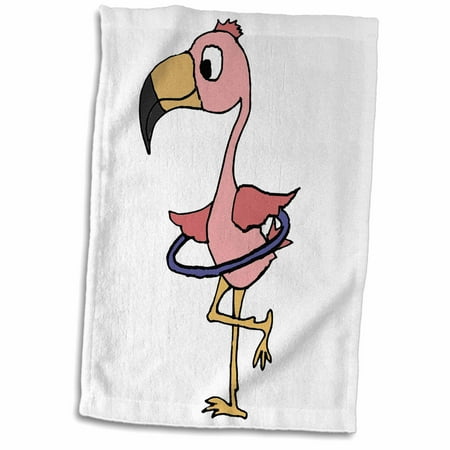 Hula Flamingo - 3dRose Funny Cute Pink Flamingo Bird Playing Hula Hoop Cartoon - Towel, 15 by 22-inch