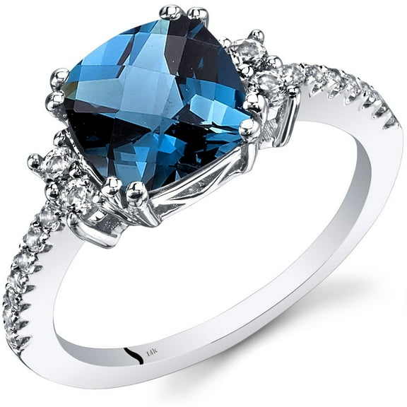 PEORA London Blue Topaz Ring for Women 14K White Gold with White Topaz, Natural Gemstone, Designer 2.50 Carats Cushion Cut 8mm, Comfort Fit, Size 9