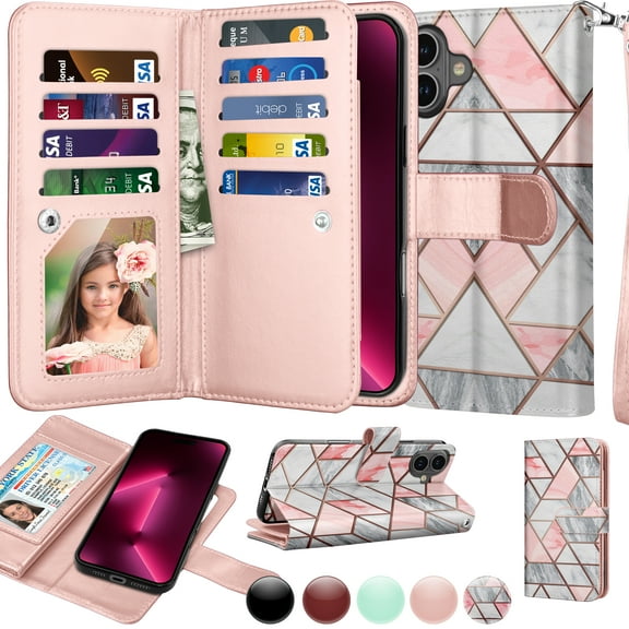 Wallet Case for iPhone 16 Wallet Case 6.1" 5G (2024), [9 Card Slots] Luxury PU Leather Credit Holder Carrying Folio Flip [Detachable] Kickstand Magnetic Phone Cover & Lanyard [Marble]