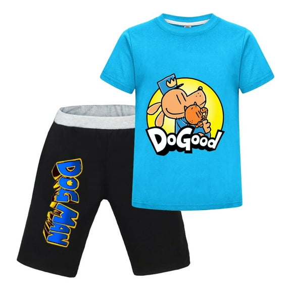 Dog Man Do Good Pose Kids Outfit Set – Boys Girls Short-Sleeve Graphic T-Shirt and Shorts 2-Piece Cartoon Clothing for Summer Play, Sleepwear, or Casual Wear