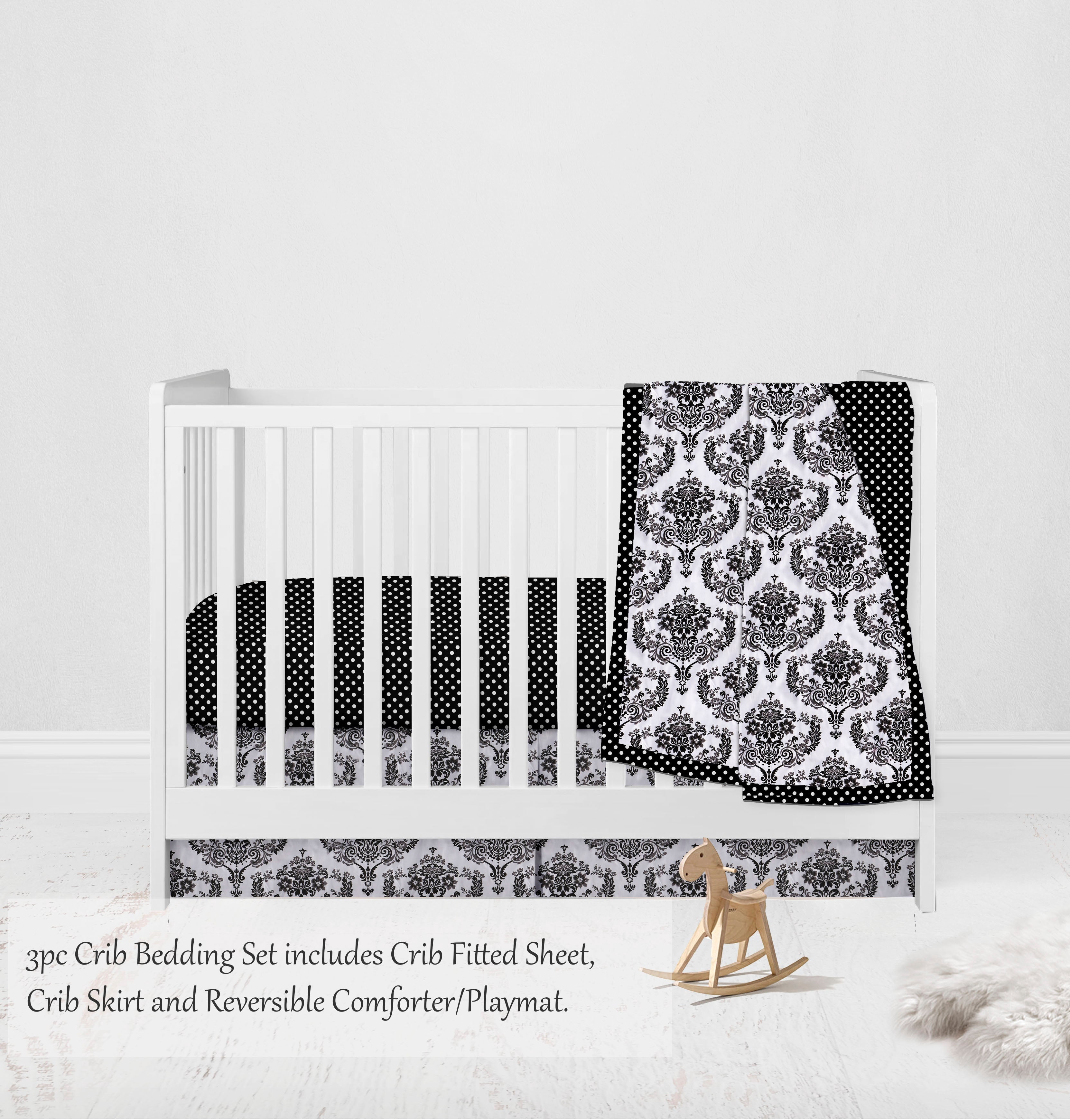 Bacati - Classic Damask 3-Piece Crib Bedding Set - Black/Grey/White Unisex