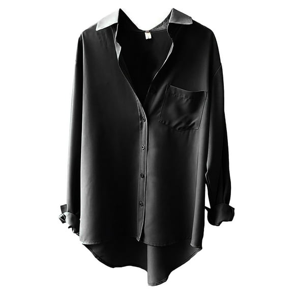 Yigetop Button Up Shirt Women, Loose Solid Color Temperament Design Casual and Versatile Long Sleeved Top Long Sleeve Shirts for Women Black L