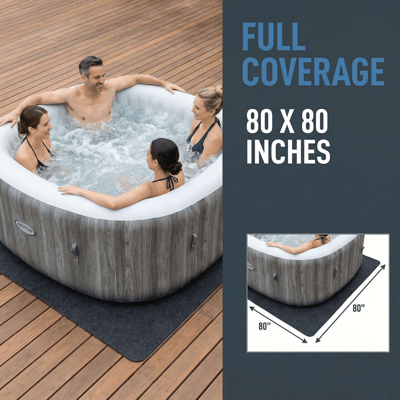 Bibana 80x80 Inch Hot Tub Mat for Inflatable Spas, Trim-to-Size Protector Pad with Slip-Proof Backing, Washable for Indoor Outdoor Use