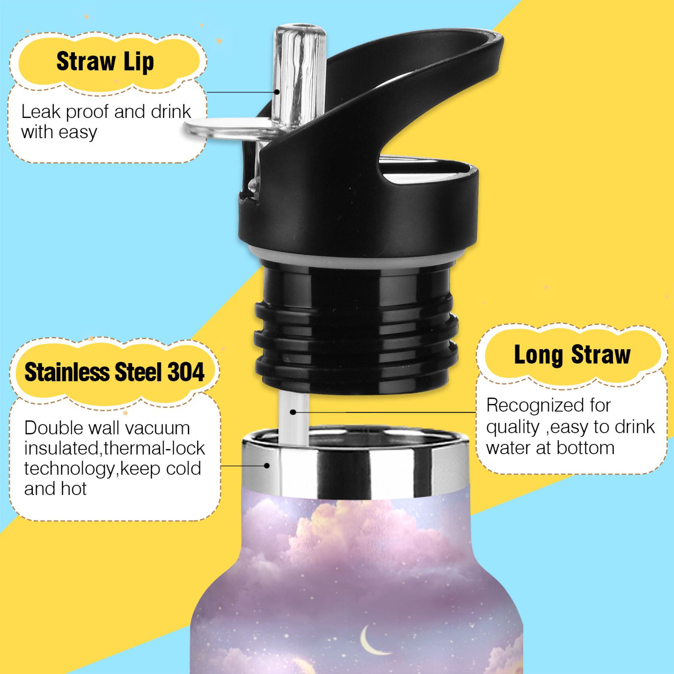 600ML Stainless Steel Insulated Cup Sports Water Bottle Portable Thermos Cup Water Glasses Insulated Tumblers Convenient and Durable Beautiful Purple Sky