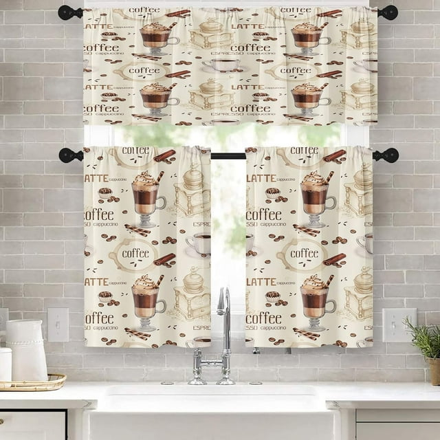 Coffee Kitchen Curtains Cappuccino Window Curtains Valance and Tier Set 36 Inch, Cream Rod Pocket Short Tier Curtain, Retro Coffee Shop Small Cafe Curtains for Kitchen Decor