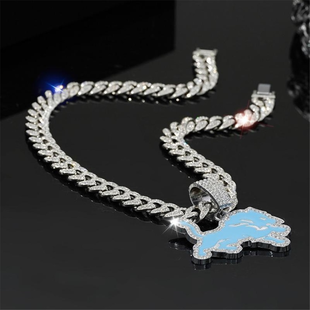 Men Women Hip Hop Personalized Trend Blue Lions Football Team Pendant Necklace 15mm Crystal Cuban Chain HipHop Iced Out Bling Necklaces Fashion Charm Jewelry