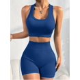 thumbnail image 2 of Women Seamless Ribbed 2 Piece Yoga Set Racerback Crop Sports Bra High Waist Stretch Biker Shorts Workout Outfit Dark Blue L, 2 of 7