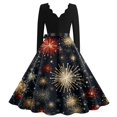 thumbnail image 3 of Christmas Dresses for Women Women's Casual And Fashionable Christmas Print V Neck Big Hem Dress Long Sleeved Dress with Christmas Snow House Print for Holiday Party,Black,3XL, 3 of 4