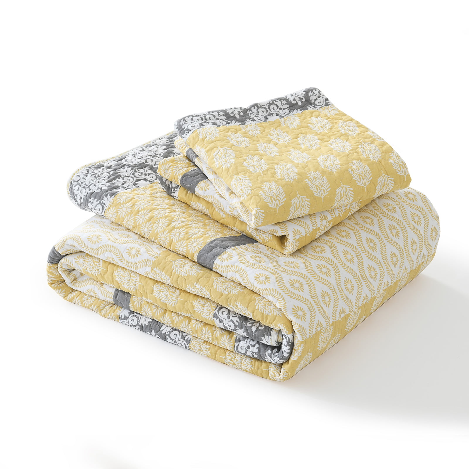 PANGUSHAN 100% Cotton Yellow Quilt King Size, King Quilt Bedding Set Quilted Bedspreads, Lightweight Reversible Floral Comforter for King Bed, All Season, Yellow/Gray, 3 Pieces