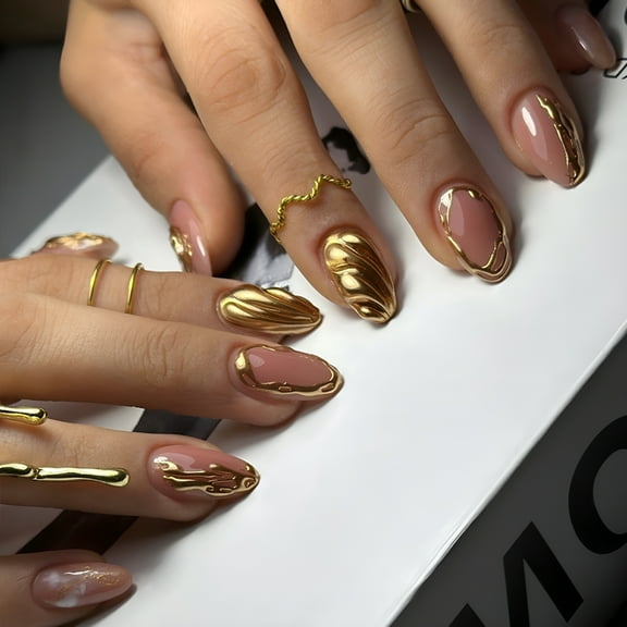 RAGUPEL 2026 New 24Pcs Glossy Gold Almond Press on Nails Short False Nails with Carved Rippled Design Full Covers Stick on Nails