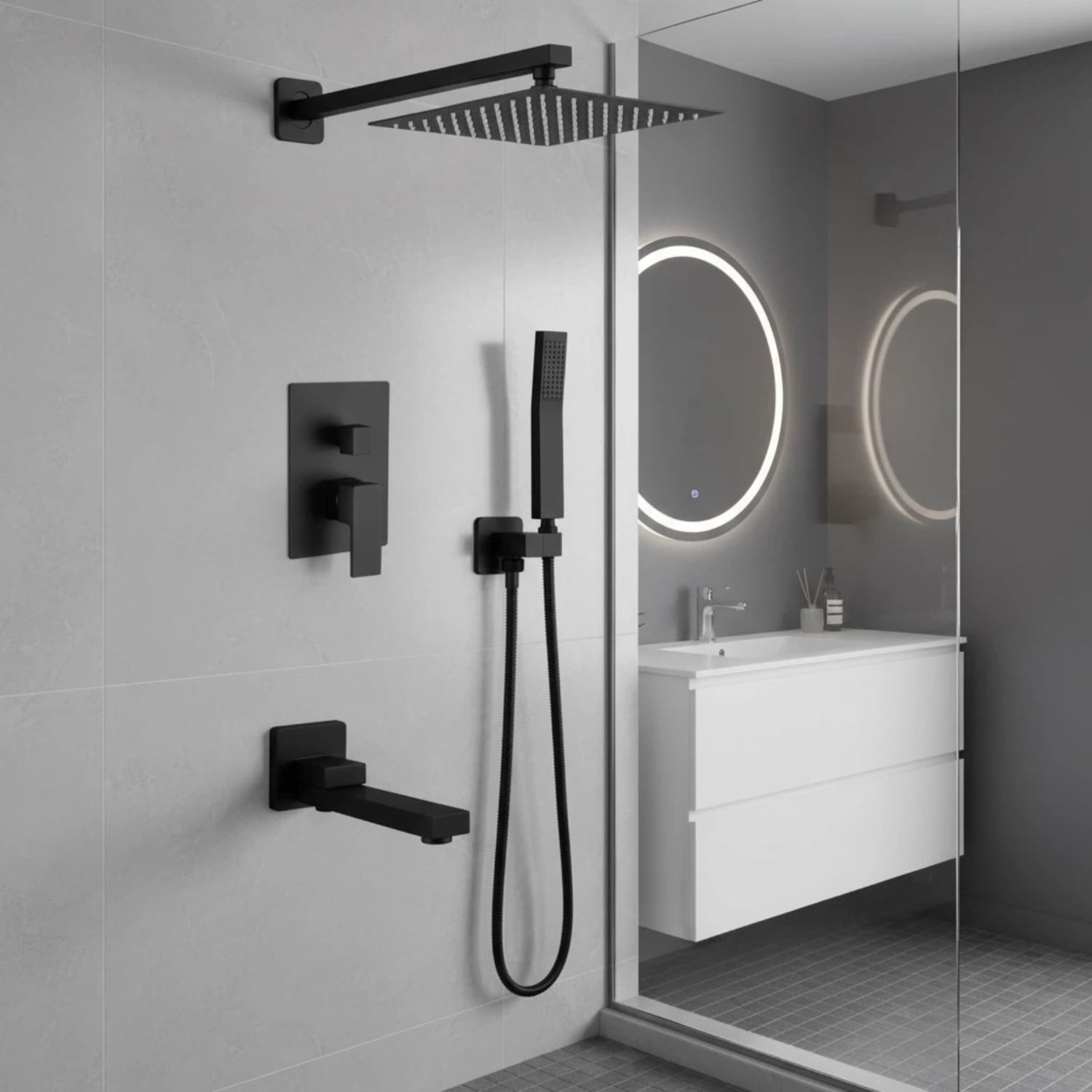 ROOMISLAND Shower System with Tub Spout Wall Mounted Rain Shower Head and Handle Combo Shower Faucet Set with Valve, Matte Black
