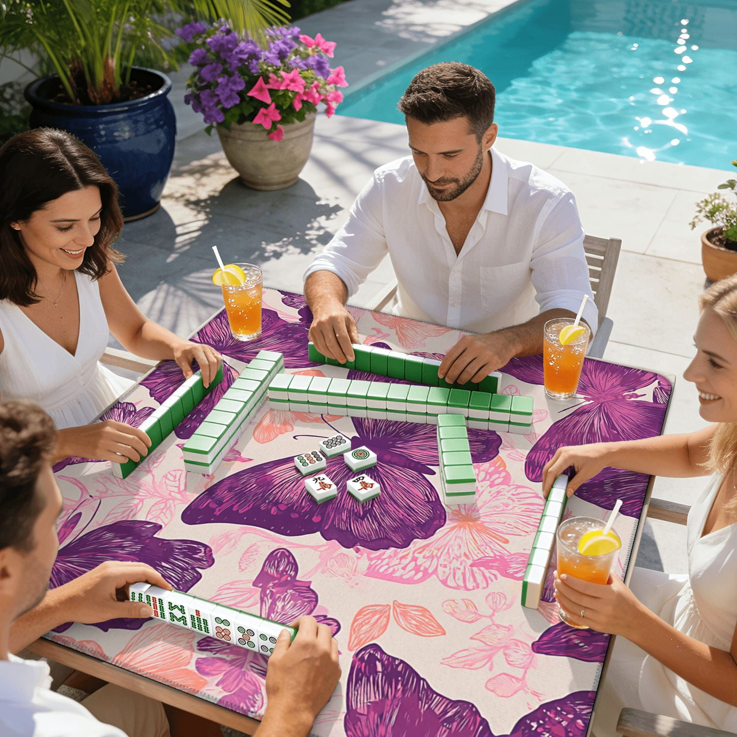 Mahjong Mat 31.5" x 31.5" Seamless hand drawn butterflies seamless Non-Slip Noise Reduction American Mahjong Tiles Table Cover for Dominoes Poker Card Board Games Gift