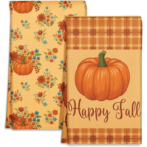 Fall Kitchen Towels Set of 2 - Fall Kitchen Dish Towels 18x26 Inches Decorative Autumn Themed Towel for Thanksgiving Harvest, Absorbent Hand Towel with Hanging Loop, Straw Pumpkin