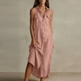 thumbnail image 3 of Wovilon Women's Sleeveless Collared Button-Down Maxi Shirt Dress with Chest Pockets and Side Slits, Relaxed Fit Cotton Linen Blend Summer Vacation Casual Wear, 3 of 4
