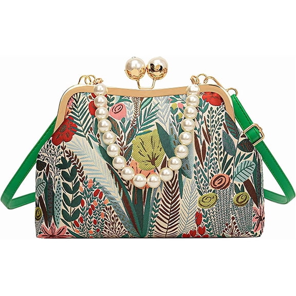 Women Vintage Floral Embroidered Kiss Lock Handbags Elegant Clutch Purse Small Simulated Pearl Top Handle Crossbody Bag