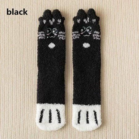 

Fluffy Thickening Sleep Bed Sock Skateboard Plush Coral velvet socks Paw pattern Floor Socks Cashmere Sox BLACK