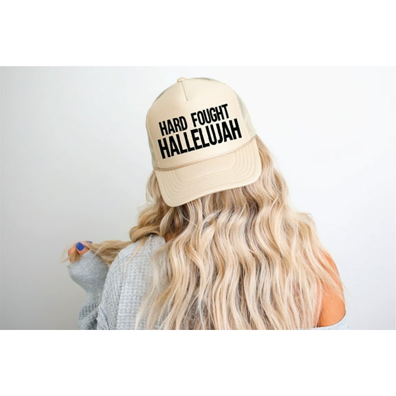 Southern Attitude Designs- Hard Fought Hallelujah Tan Unisex Foam Trucker Hat