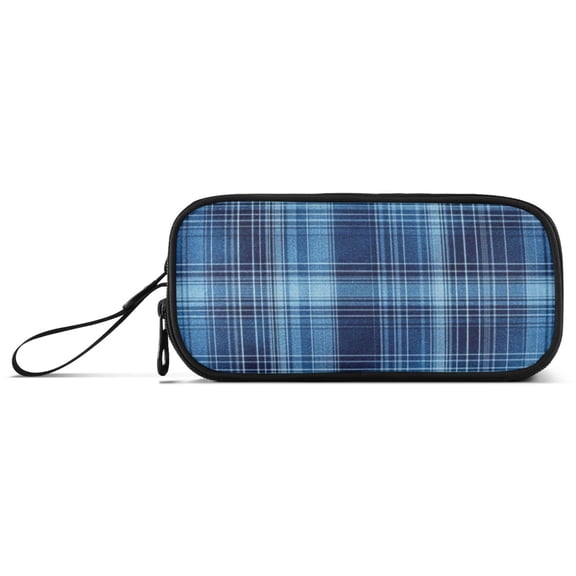 Blue Plaids Pencil Case Stationary Holder Pen Bag Pencil Pouch Tool Organizer 3 Compartments