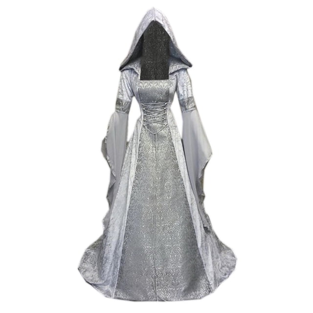 Penkiiy Robes d'Invité de Mariage pour Femmes Robe de Sorcière Médiévale pour Femmes Grande Taille Robe de Cour Renaissance à Capuche Robe Gothique Longueur au Sol Robe Argentée
