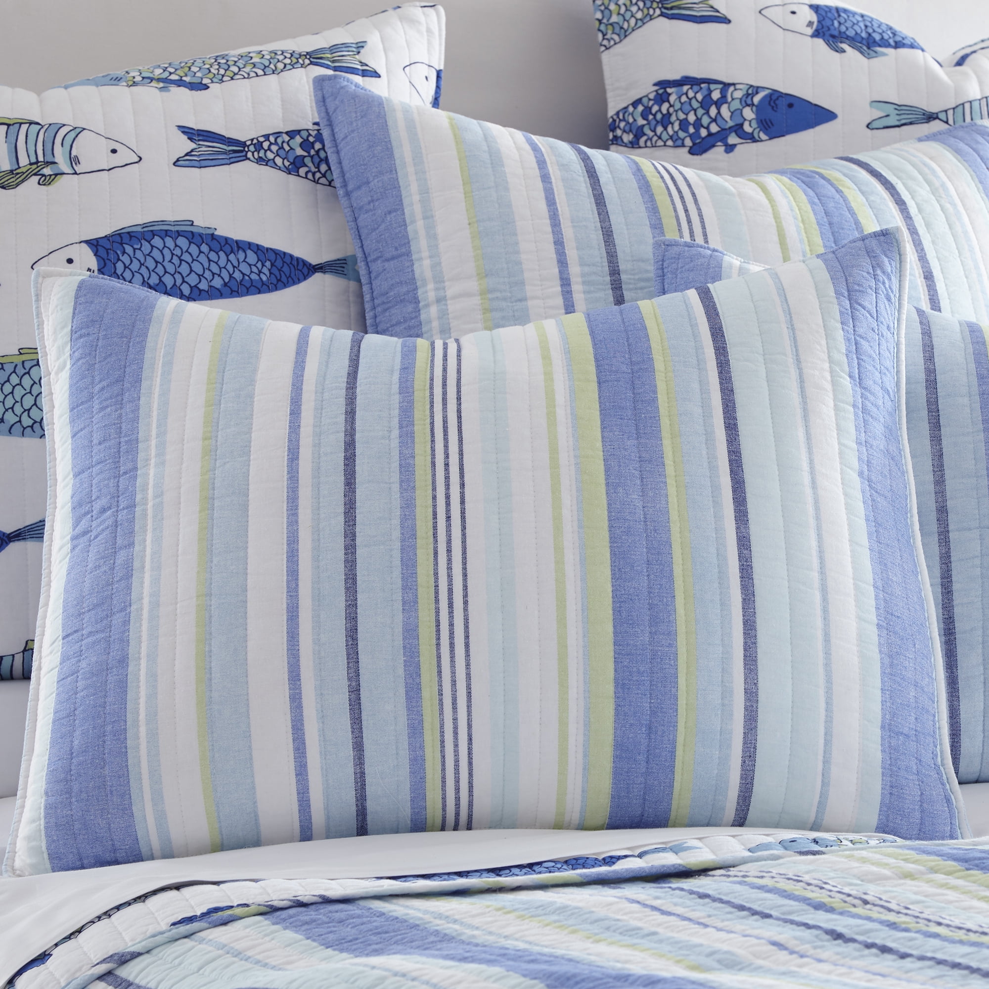Levtex Home Catalina Fish Blue Striped Cotton Quilt, Full/Queen - Reversible