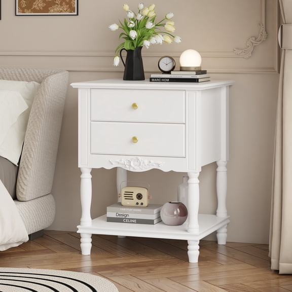 OXYLIFE White Nightstand with Drawers, Bottom Shelf & Carve Pattern, Modern Wooden Nightstand Bedside Table, Versatile End Sofa Bed Side Table for Bedroom Living Room