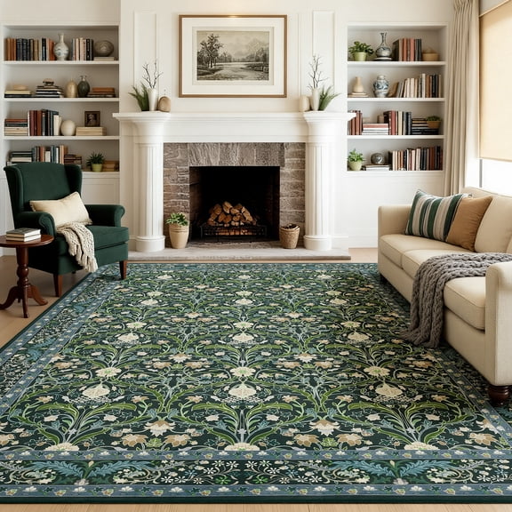 5x7 Area Rugs for Living Room, Washable Area Rugs with Non-Slip Backing, Boho Floral Vintage Carpets Low Pile for Dining Room, Bedroom, Home Office, Indoor, Nursery, Apartment.