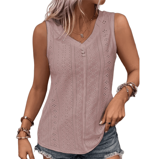 Camiseta Sin Mangas para Mujer, Conjuntos de Verano, Camisetas con Cuello en V, Camisetas Modernas con Ojales, Ropa Básica de Playa Sin Mangas Gris Rosado Pálido 4XL