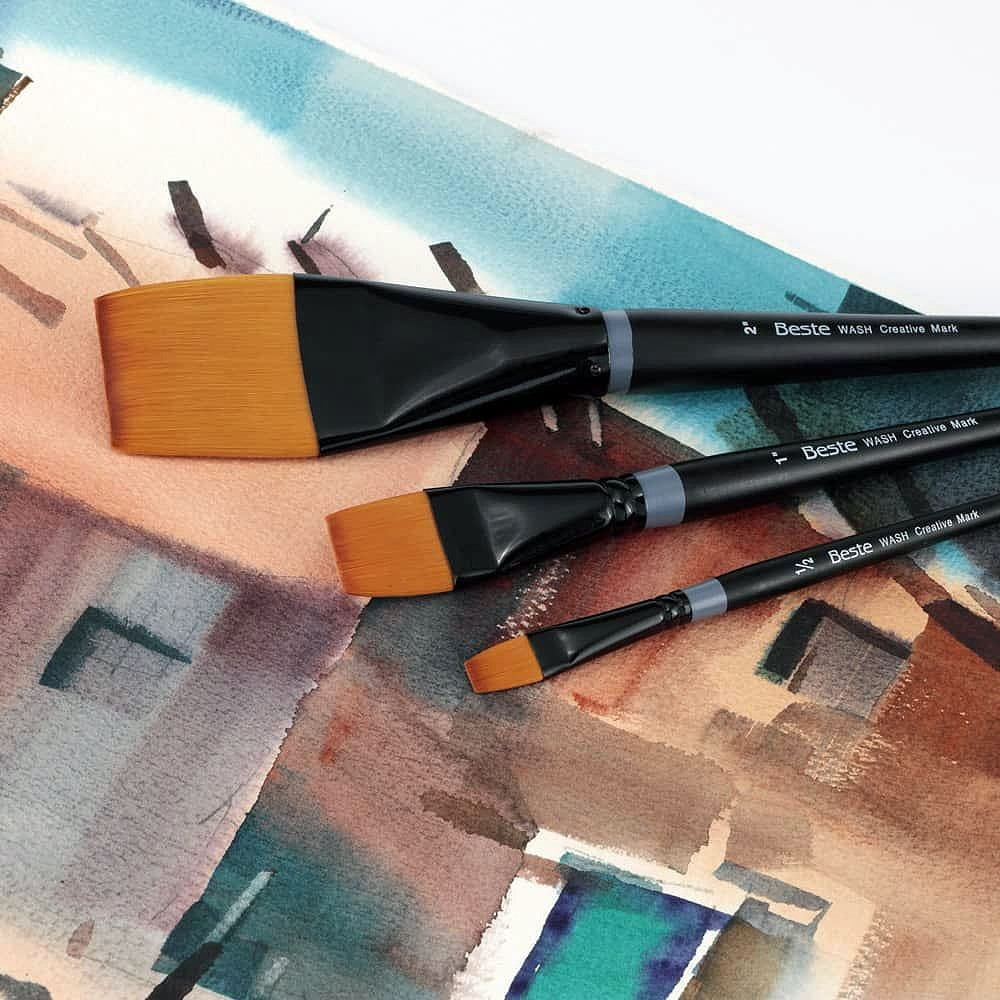 Creative Mark Beste Golden Taklon Bushy Round #0 - 3 Pack Artist Paint Brush, Professional Watercolor Brushes, For Acrylic Painting, Short Handle, Sharp Edges, Hand-Tied & Shaped