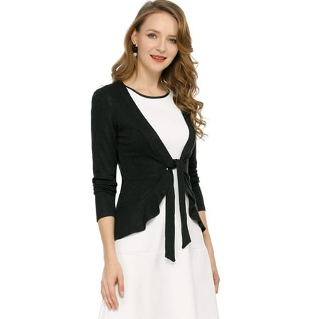 Knitting Pattern Cropped Cardigan - Unique Bargains Women's Open Tie Crop Knit Cardigan Metallic Ruffled Cardigan