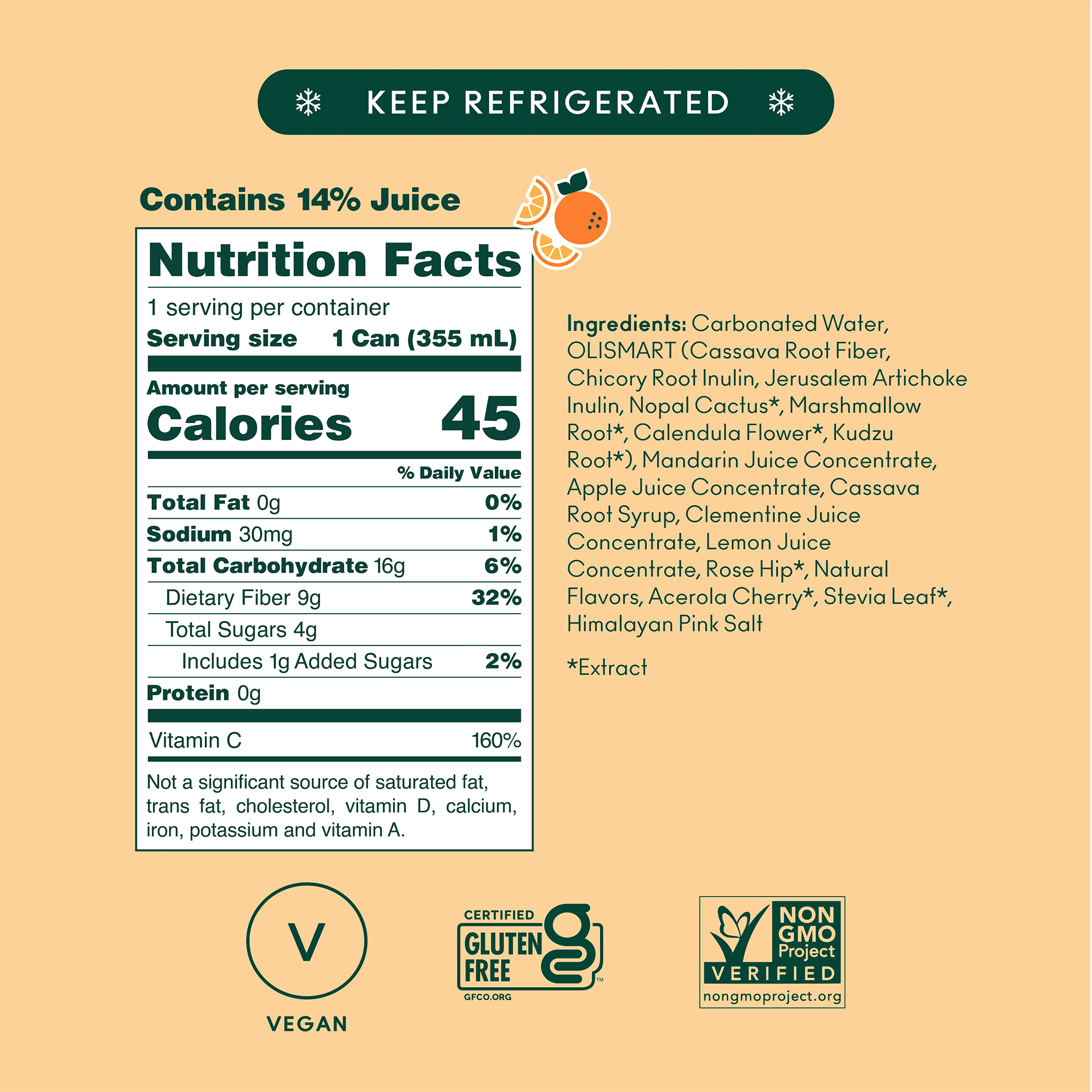 OLIPOP 9g Fiber Prebiotic Soda, Orange Squeeze, 12 fl oz, 12 Pack, Refrigerated